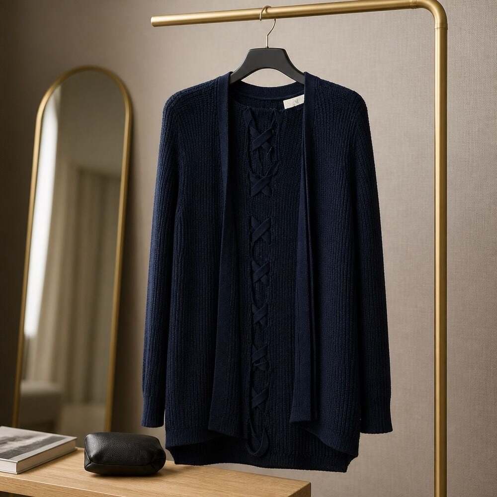 Pinque Jamelya Navy Back Lace-Up Detail Knit Cardigan Sweater #1423